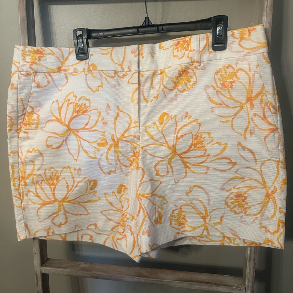 Ann Taylor Bermuda Shorts White and Orange Floral Cotton Blend